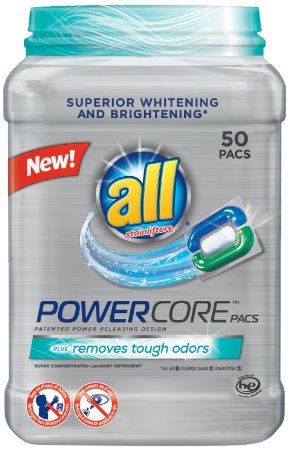 All POWERCORE Super Concentrated Laundry Detergent Pacs Plus Removes Tough Odors Tub, 50 Count