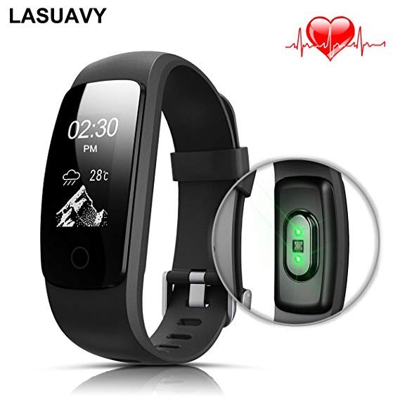 LASUAVY Fitness Tracker with Heart Rate Monitor - Slim Touch Screen and Wristbands for Android and iOS Black