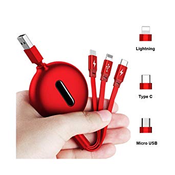 4ft Retractable USB Charging Fast Cable, 3 in 1 Micro USB Type C Multi Charger Cord Compatible for All Phones Samsung, Moto, BlackBerry, Nokia, LG, Phone X 8 7 6s 6 Plus 5s 5 (Red)
