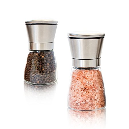 Salt and Pepper Grinder Glass Bottle,PretiHom Salt and Pepper Grinder Set Salt and Salt Mills Brushed Stainless Steel With Adjustable Coarseness(Set Of 2).