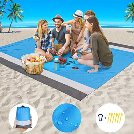 Beach Blanket Sand Proof 9'×7' Sandless Beach Mat Sandfree Large Oversized for 4-7 Adults Waterproof Big & Compact Sand Free Picnic Mat Quick Drying Nylon Lightweight with 6 Stakes & 4 Corner Pocket