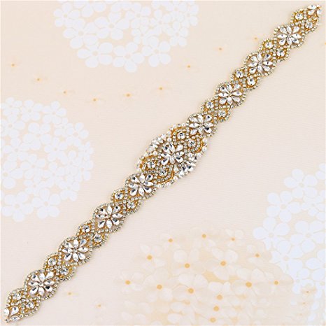 Bridal Sash Belt Applique with Crystal Rhinestone Pearl Beaded Decrations Elegant Gorgeous Pretty for DIY Wedding Party Prom Evening Dresses - Gold