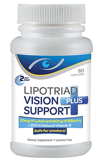 Lipotriad Vision Support Plus Lutein, 80Mg Bilberry, 665% DV Vitamin E, Advanced Eye Supplement with 9 Natural Antioxidant, Herbal and Mineral Ingredients, Beta-Carotene Free, 20 Mg