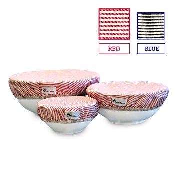 Earth Bunny™ Fabric Bowl Covers - Red Stripes | Set of 3 - Small, Medium, Large | 100% Cotton Cloth with Elastic Edging | Eco friendly, Washable and Reusable