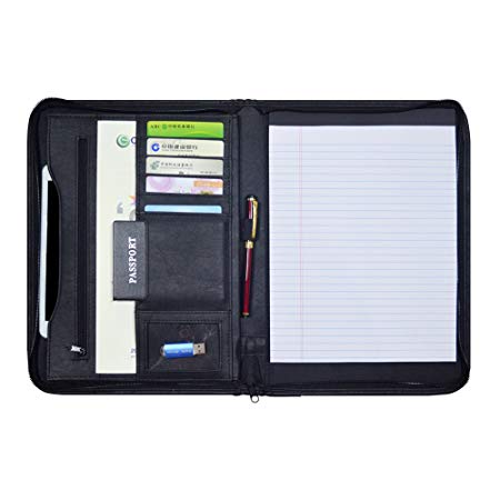 Godery Zippered Padfolio Portfolio Binder, Leather Business Portfolio, 8.5 x 11 Legal Pad, Office Supplies Organizer, Black Zippered Pocket, Planners, Resume, Briefcase for Travel and Interview