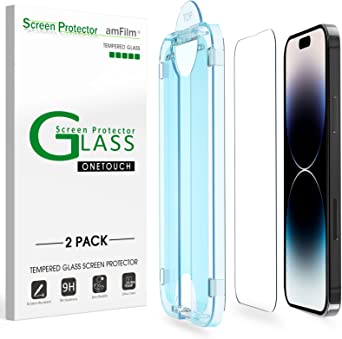 amFilm OneTouch Designed for iPhone 14 Pro Max 6.7'' Glass Screen Protector, [2 Pack] Easiest to Install, Bubble Free, Full Coverage, Case Friendly