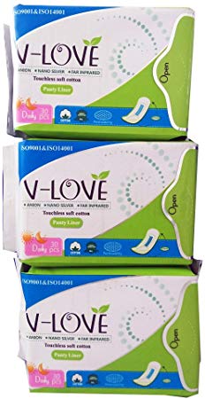 VLOVE All Natural Wingless Cotton Pantiliners Wrapped with Patented Negative ion Strip, Herbal Scented-90Count (Pack of 3)