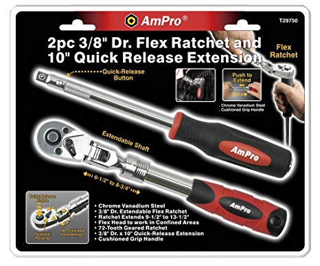 Ampro T29750 3/8-Inch Drive Flex Ratchet and 10-Inch Quick Release Extension, 2-Piece