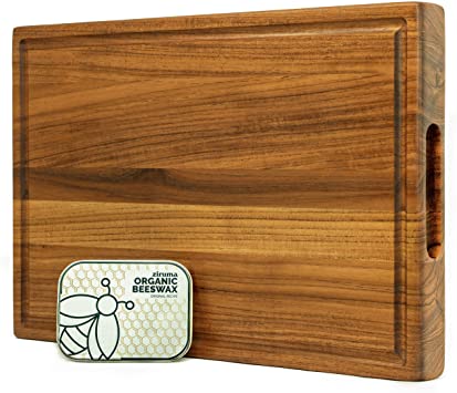 Premium Grade-A Teak Wood Cutting Board Cured with Organic Beeswax, Thick Chopping Block, Beeswax Box Included - 17 x 11 x 1.5 in- Reversible with Juice Groove and Handles (with Gift Box) by Ziruma