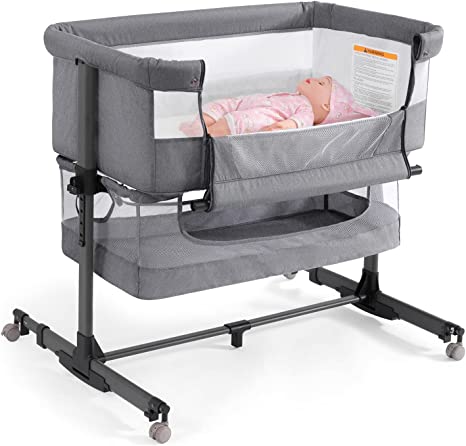 Ihoming Bassinet Bedside Sleeper for Baby, 3 in 1 Convertible Design, lnfant Bed & Bed Side Sleeper & Cradle Bassinets, Co Sleeper Bedside Crib Attaches to Bed, Deep Grey