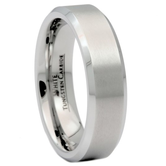 6mm Brushed White Tungsten Carbide Wedding Band Polished Edges Ring