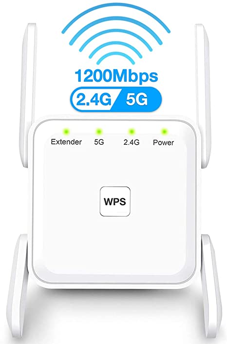 1200Mbps WiFi Range Extender EU1203, Wireless Signal Repeater Booster, Dual Band 2.4G and 5G Expander, 4 Antennas 360° Full Coverage, Extend WiFi Signal to Smart Home & Alexa Devices