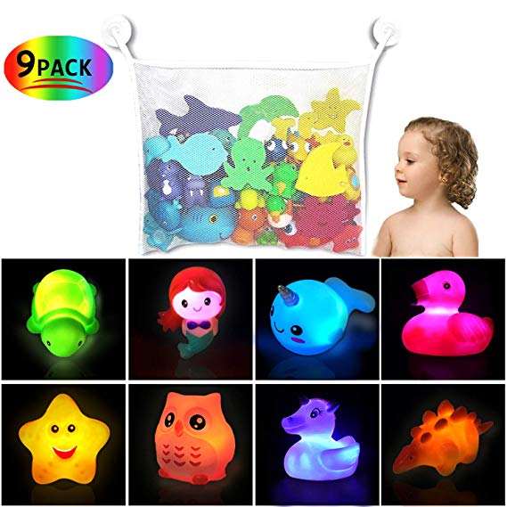 Bath Toys(8 Packs Rubber Animal Toys & 1 Pack Bath Toy Organizer),Light Up Floating Rubber Toys,Flashing Color Changing Light in Water,Bathtub Shower Games Toys for Baby Kids Toddler Child