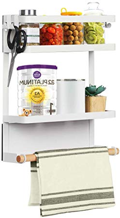 Shinoske 3 Tier Magnetic Fridge Organizer, Kitchen Rack Shelf Refrigerator Organizer Bins with 4 Hooks, Multi-purpose White