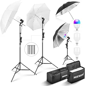 NEEWER 400W Photography Lighting Kit, Incandescent Equivalent Studio Kit, (2) Black Umbrellas, (2) White Umbrellas, (2) 24W LED Light Bulbs, (1) 26W RGB LED Light Bulb, for Photography Lighting, NK501