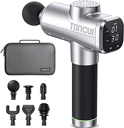 Toncur Massage Gun 2021 Upgrade Deep Tissue Percussion Massager with Timing Function, Handheld 30 Speeds Muscle Massage Gun Pain Relief with 6 Massage Heads for Athletes Gym Home Post-Workout