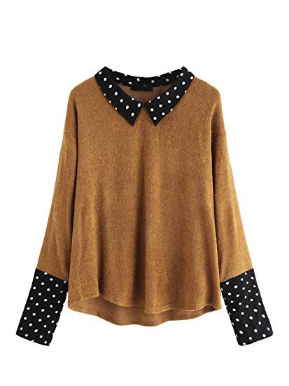 Romwe Women's Loose Contrast Polka Dot Collar Long Sleeve Blouse Knit Tops