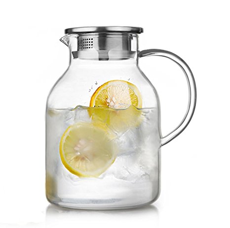 68 Ounces Glass Pitcher with Lid, Water Jug for Hot/Cold Water, Ice Tea and Juice Beverage