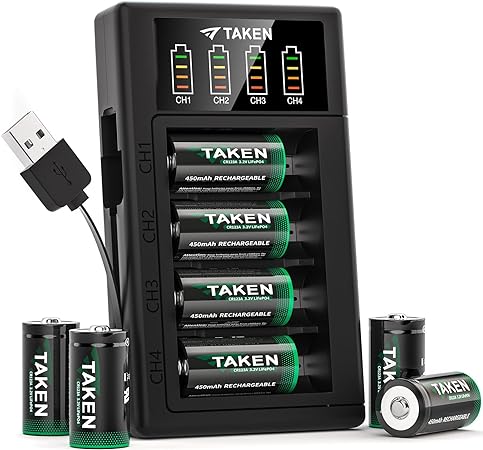 Taken CR123A Battery, 3V Rechargeable Batteries with 4 Port Charger Cycle 2000  Times for Flashlight, Smoke Detector, Glassbreak Sensor