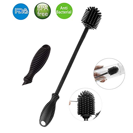 Silicone Bottle Cleaning Brush, BPA Free 15" Long Handle Flexible Water Bottle Washer Cleaner, Scratch-Free Cleaning Tool for All Long or Narrow Necked Bottles, Baby Bottles, Sports Bottle (Black)