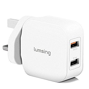 Lumsing Quick Charge 2 Port Multiple Mains Charger Wall Charger, 20W QC2.0 Dual USB Port Travel Charger for iPhone7 Plus 7,Samsung Galaxy S5 S6 Edge, Google Nexus 6, Sony Xperia Z3 Z4 Tablet-Grey