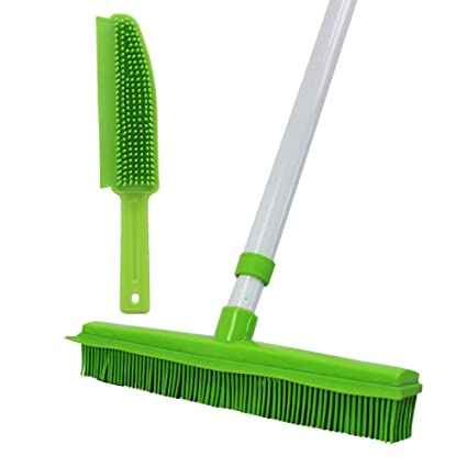 GLOYY Long Handled Push Broom with Soft Rubber Bristles Squeegee Edge Use for Pet Cat Dog Hair Perfect for Cleaning Hardwood Vinyl Carpet