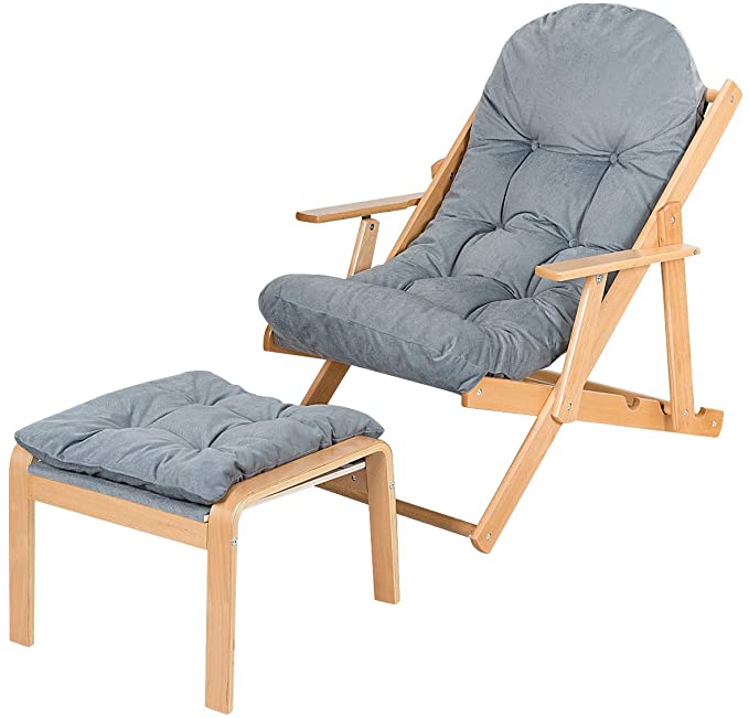 COSTWAY Foldable Wooden Recliner Chair Matching Footstool, 3-Position Adjustable Reclining Lounger, Home Office Yard Deck Chair Furniture