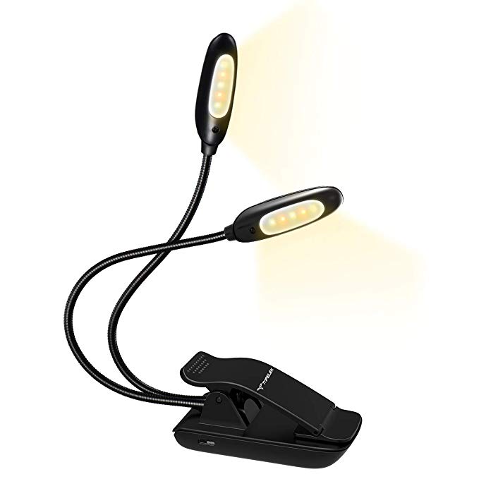 LED Book Light, TopElek 10 LEDs Reading Light, Micro USB Rechargeable, Dual 360° Flexible Arms, Adjustable Clip, with Travel Bag for Kindle, Computer, Books Reading, Black