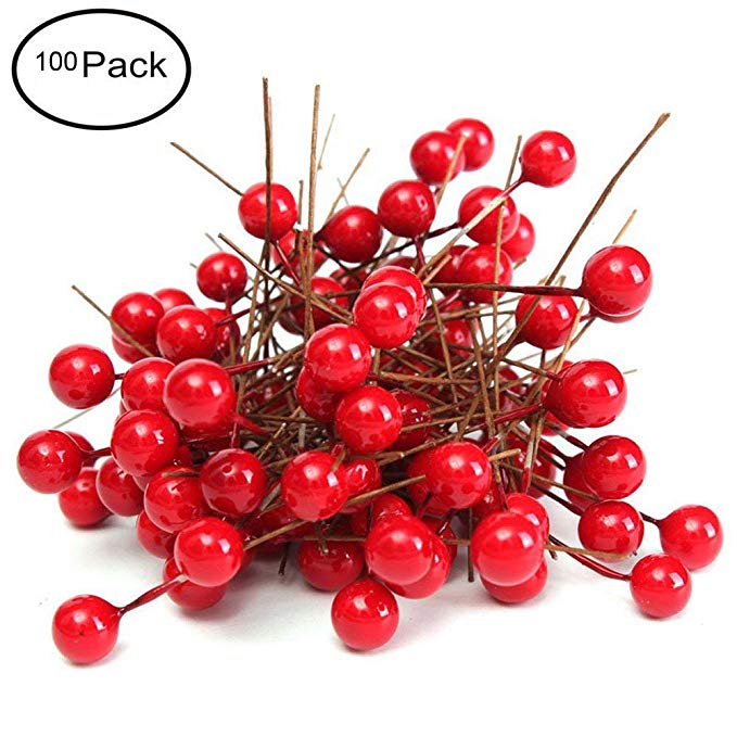 Fashionclubs Christmas Tree Artificial Red Holly Berry Pick Branch Wreath Pack of 100
