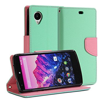 Nexus 5 Case, GMYLE (R) Wallet Case Classic for Google LG Nexus 5 - Mint Green and Pink Cross Pattern PU Leather Slim Magnetic Flip Stand Cover