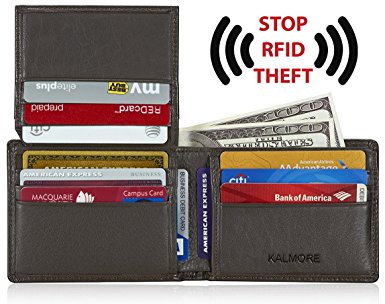 KALMORE Men’s RFID Blocking Flip-ID Window Bifold Genuine Leather Pocket Wallet - in Gift Box