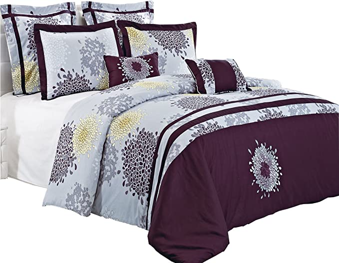 sheetsnthings Embroidered Fifi 210-Thread-Count, 100-Percent Cotton Full-Queen 7PC Duvet Cover Set, Lilac and Plum