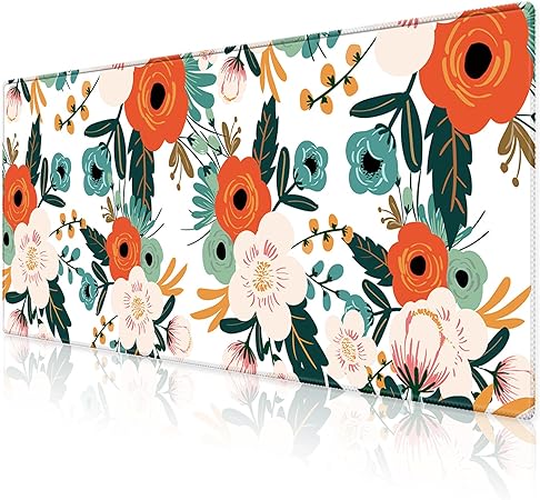 Extended Desk Mat (31.5x11.8 inch 3mm Thick), iDonzon Soft Cute Extra Large XXL Waterproof Gaming Mouse Pad with Non-Slip Rubber Base & Stitched Edges, for Working/Game, Red Flowers