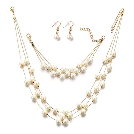 Acecor Silver Gold Faux PearlsNecklace Earrings Ring Bracelet Jewelry Set Costume Wedding Jewelry Sets