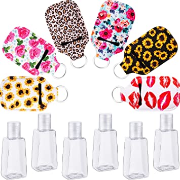 6 Pieces Empty Travel Size Bottle Keychain Holder Reusable Bottles with 6 Pieces Keychain Carriers 30 ml Flip Cap Refillable Bottles for Liquids