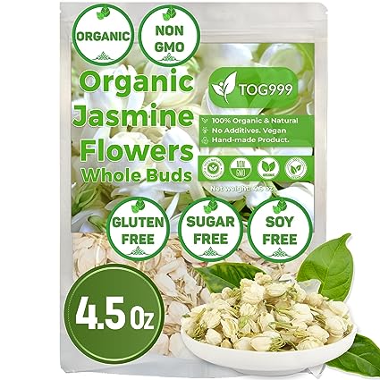 4.5oz Dried Jasmine Flowers, 100% Natural, Organic & Non-GMO, Pure Jasmine Flower Buds for Tea, Baking, Jasmine Edible Flower, Jasmine Herbal Tea, No Sugar, No Caffeine, No Gluten, Vegan.