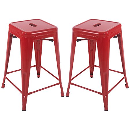 Merax 24'' Metal Counter Barstools with Square Seat for Indoor/Outdoor Set of 2 (Red)