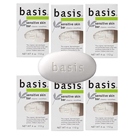 Basis Sensitive Skin Bar Soap - Body Wash Bar Cleans and Soothes with Chamomile and Aloe Vera - 4 oz. Bar Soap (Pack of 6)