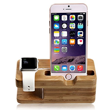 SENHAI Wood [2 in 1] Charging Dock Stand Station Stock Cradle Holder Bracket Accessory for Apple Watch iWatch 38mm and 42mm & iPhone 5, 5s, 6, iPhone 6 Plus(Bamboo)