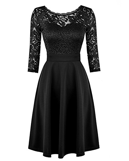 Mixfeer Women's Vintage Floral Lace Cocktail Swing Dress With 3/4 Sleeve