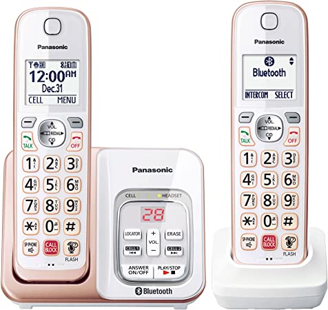 Panasonic Cordless Phone with Link2Cell Bluetooth, Voice Assistant, Answering Machine and Call Blocking, Expandable System with 2 Cordless Handsets - KX-TGD862G (Rose Gold)