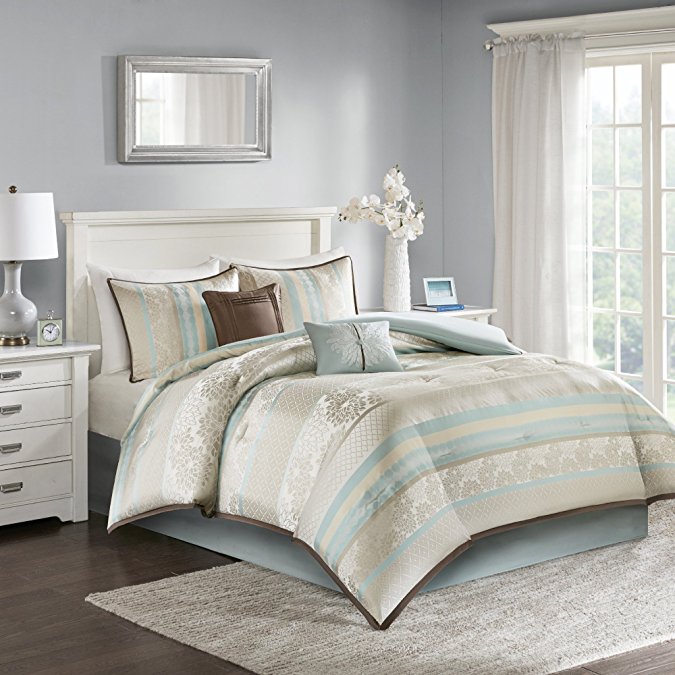 Comfort Spaces Paris 6 Piece Jacquard Queen Size Comforter Set, Stripes with Floral, includes 1 Comforter, 2 Shams, 1 Bedskirt, 2 Decorative Pillows, Aqua Grey