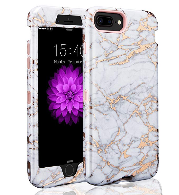 iPhone 6 Plus/6s Plus Case,iPhone 7 Plus Case,iPhone 8 Plus Case,Cute Marble Gilrs Case,SKYLMW Three Layer Heavy Duty Hybrid Protective Cover Case for iPhone 6 Plus/6s Plus/7 Plus/8 Plus Marble White