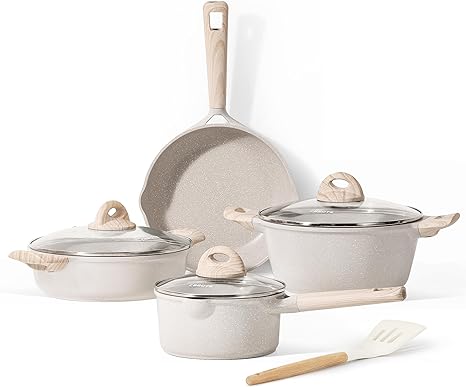 CAROTE 8pcs Pots and Pans Set, Nonstick Cookware Sets, Granite Kitchen Induction Cookware Cooking Sets, Pots and Pan Set Non Stick, Beige