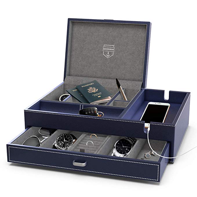 HOUNDSBAY Admiral Big Dresser Valet Box & Mens Jewelry Box Organizer with Large Smartphone Charging Station (Dark Blue - Limited Edition)