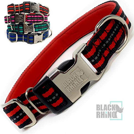 Black Rhino - The Hybrid Striped Dog Collar for Medium Large Breeds | Heavy Duty | Soft Padded Neoprene - Reflective & Adjustable - Matching Leashes Sold Separately