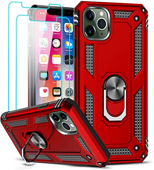 LeYi Compatible for iPhone 11 Pro Case with [2Pack] Tempered Glass Screen Protector, [Military-Grade] Protective Phone Cover Case with Magnetic Ring Kickstand for iPhone 11 Pro 5.8 inch, Red