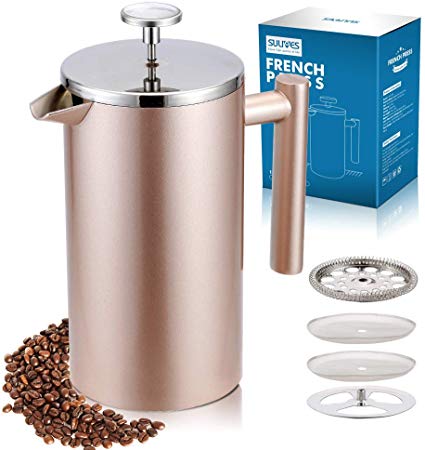 SULIVES Large French Press Stainless Steel Cafetiere Coffee Maker Double Wall Insulated Stainless Steel Screen Filter Champagne-34oz/ 1000ml