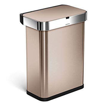 simplehuman 58 Liter / 15.3 Gallon Stainless Steel Touch-Free Rectangular Kitchen Sensor Trash Can with Voice and Motion Sensor, Voice Activated, Rose Gold Stainless Steel