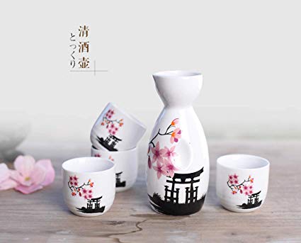 Japanese Ceramic Sake Set ~ 5 Piece Sake Set (Included 1 TOKKURI bottle and 4 OCHOKO cups) W/Sakura Flower Patterns